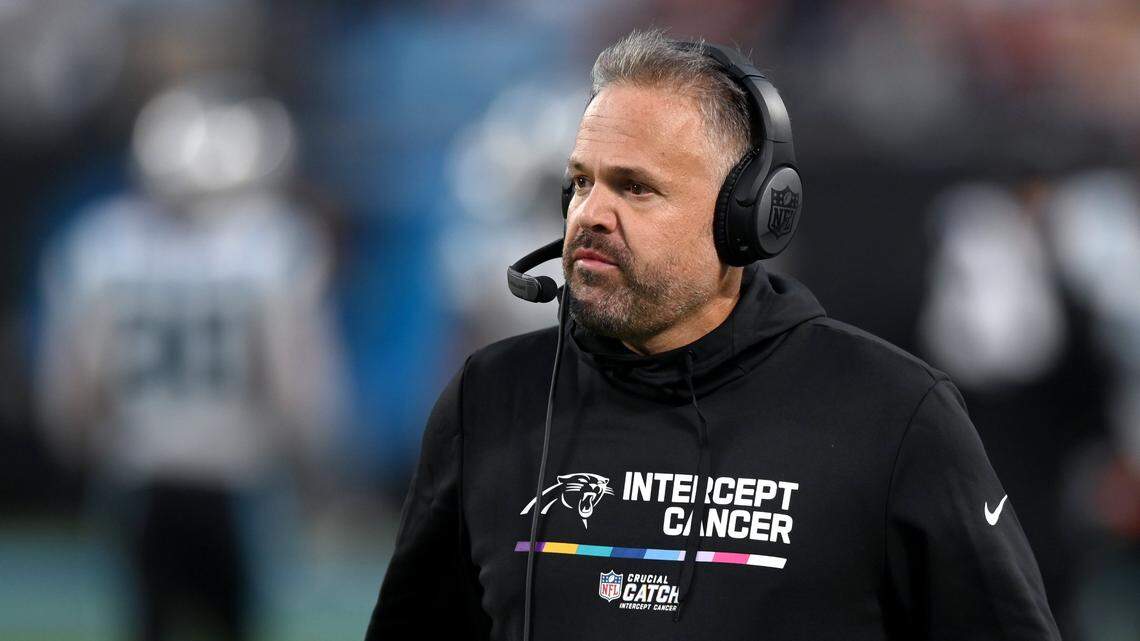 Carolina Panthers head coach Matt Rhule walks along the team’s sideline during action against the San Francisco 49ers at Bank of America Stadium on Sunday, October 9, 2022. The 49ers defeated the Panthers 37-15.