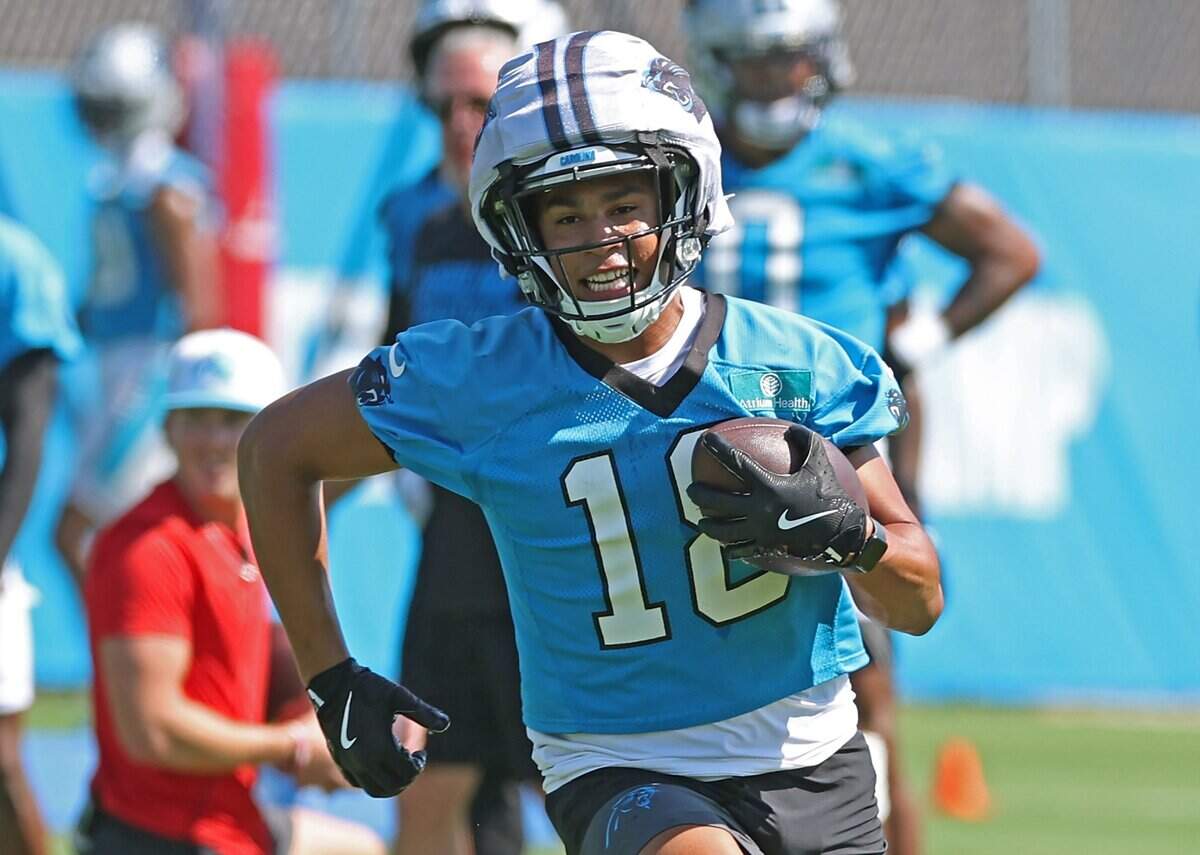 Carolina Panthers wide receiver Jalen Coker runs down the field after catching a pass during a training camp practice on Wednesday, July 23, 2025. 
