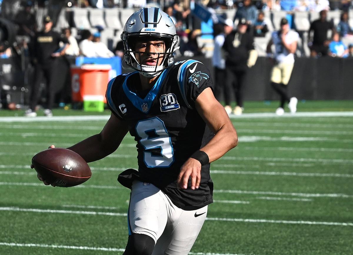 Carolina Panthers quarterback Bryce Young rushes for the one-yard line during third quarter action against the New Orleans Saints at Bank of America Stadium in Charlotte, NC on Sunday, November 3, 2024. The Panthers defeated the Saints 23-22.