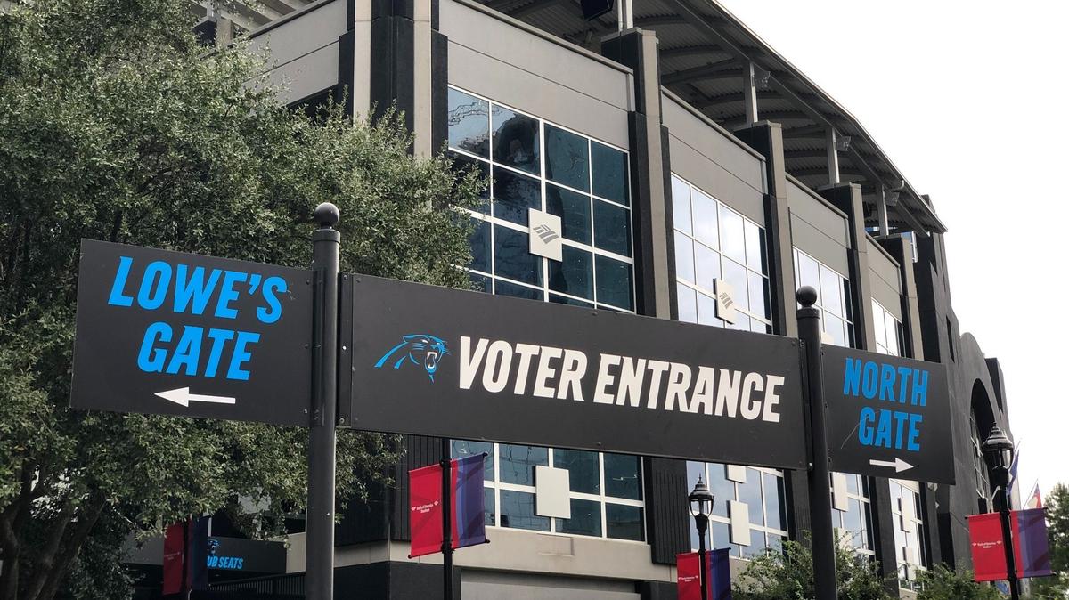 A sign outside of the Bank of America Stadium early voting site in 2020.