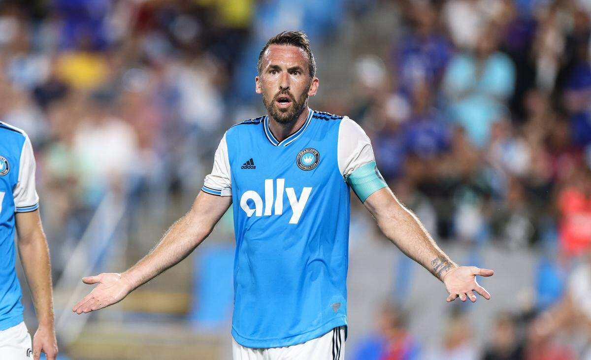 Charlotte FC defender Christian Fuchs throw his hands up at a referee at the Bank of America Stadium in Charlotte, N.C., on Wednesday, July 20, 2022. What the Queen City club and the veteran defender decide to do this offseason will shape the team’s defense for next year.