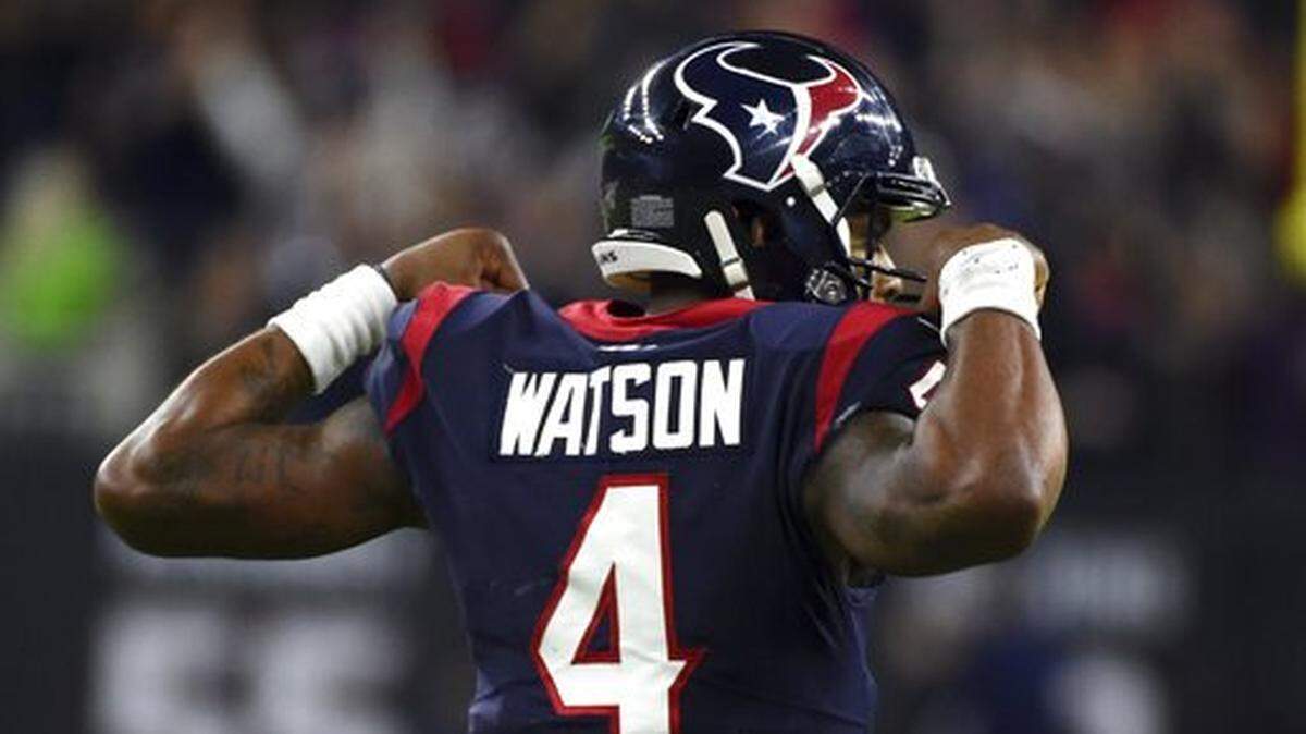 Houston Texans quarterback Deshaun Watson (4) celebrates after throwing a pass to setup the game-winning field goal during overtime of an NFL wild-card playoff football game against the Buffalo Bills Saturday, Jan. 4, 2020, in Houston. The Texans won 22-19 in overtime.