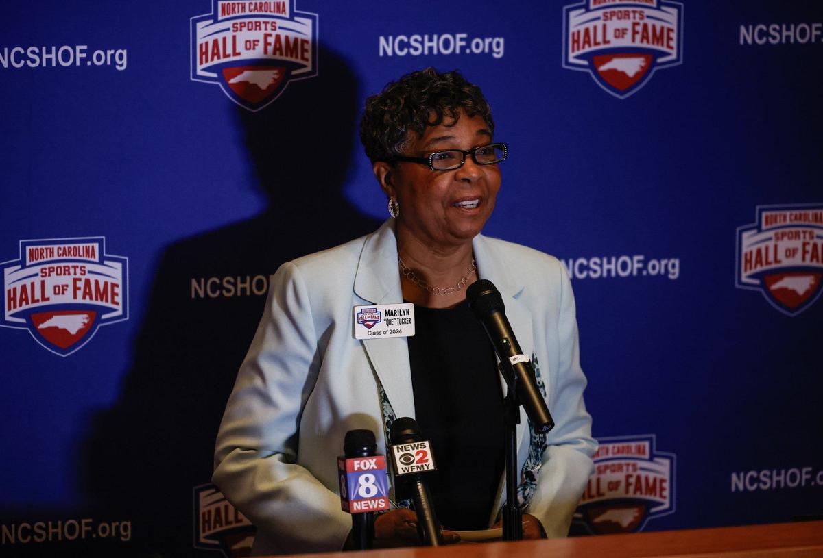 Marilyn “Que” Tucker, North Carolina High School Athletic Association’s Commissioner, speaks during a press conference for inductees into the NC Sports Hall of Fame at Johnson & Wales University in Charlotte, NC on Friday, May 10, 2024.