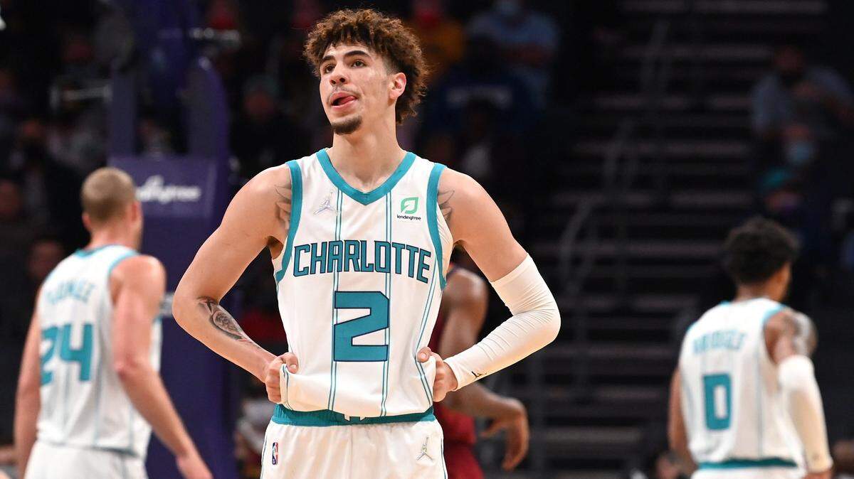 Charlotte Hornets guard LaMelo Ball walks down the court following a call against the team during first quarter action against the Cleveland Cavaliers at Spectrum Center in Charlotte, NC on Monday, November 1, 2021.