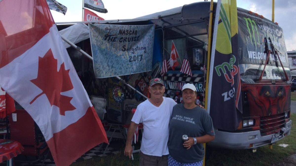 This distinctively painted vehicle, which has a few thousand autographs on the exterior and 250,000 miles on the engine, has transported Bernie and Charlene Lapensee to NASCAR races since 2013.