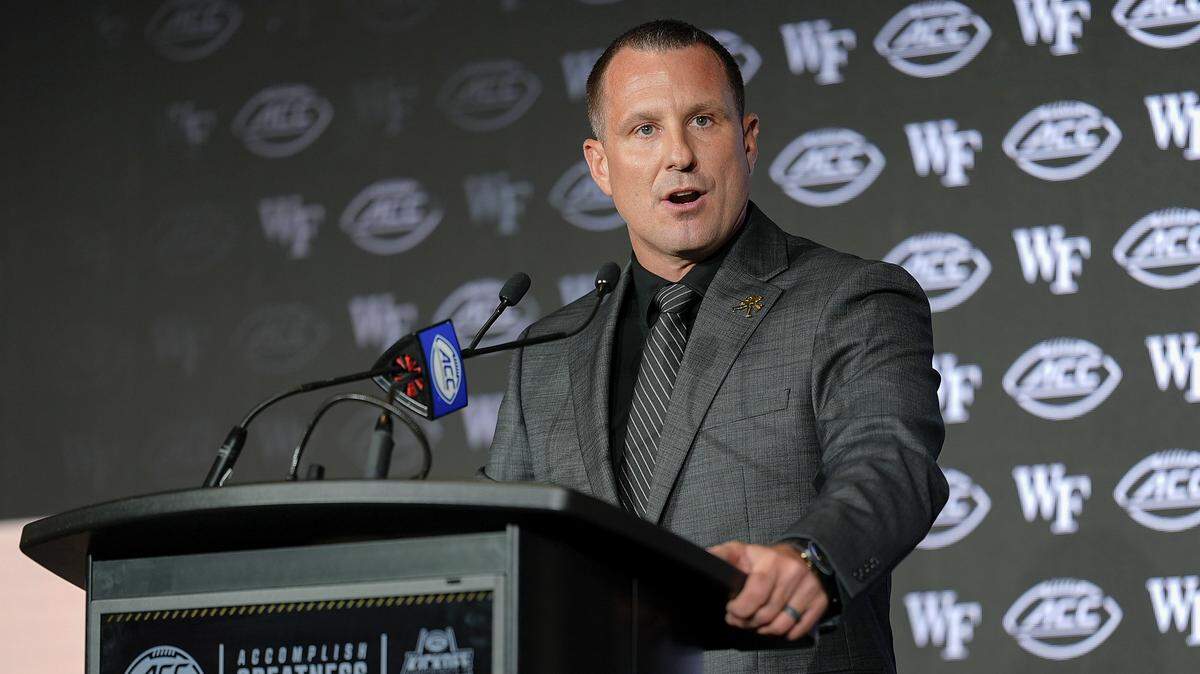 Jul 23, 2025; Charlotte, NC, USA; Wake Forest Head Coach Jake Dickert answers questions from the media during ACC Media days at Hilton Charlotte Uptown. Mandatory Credit: Jim Dedmon-Imagn Images