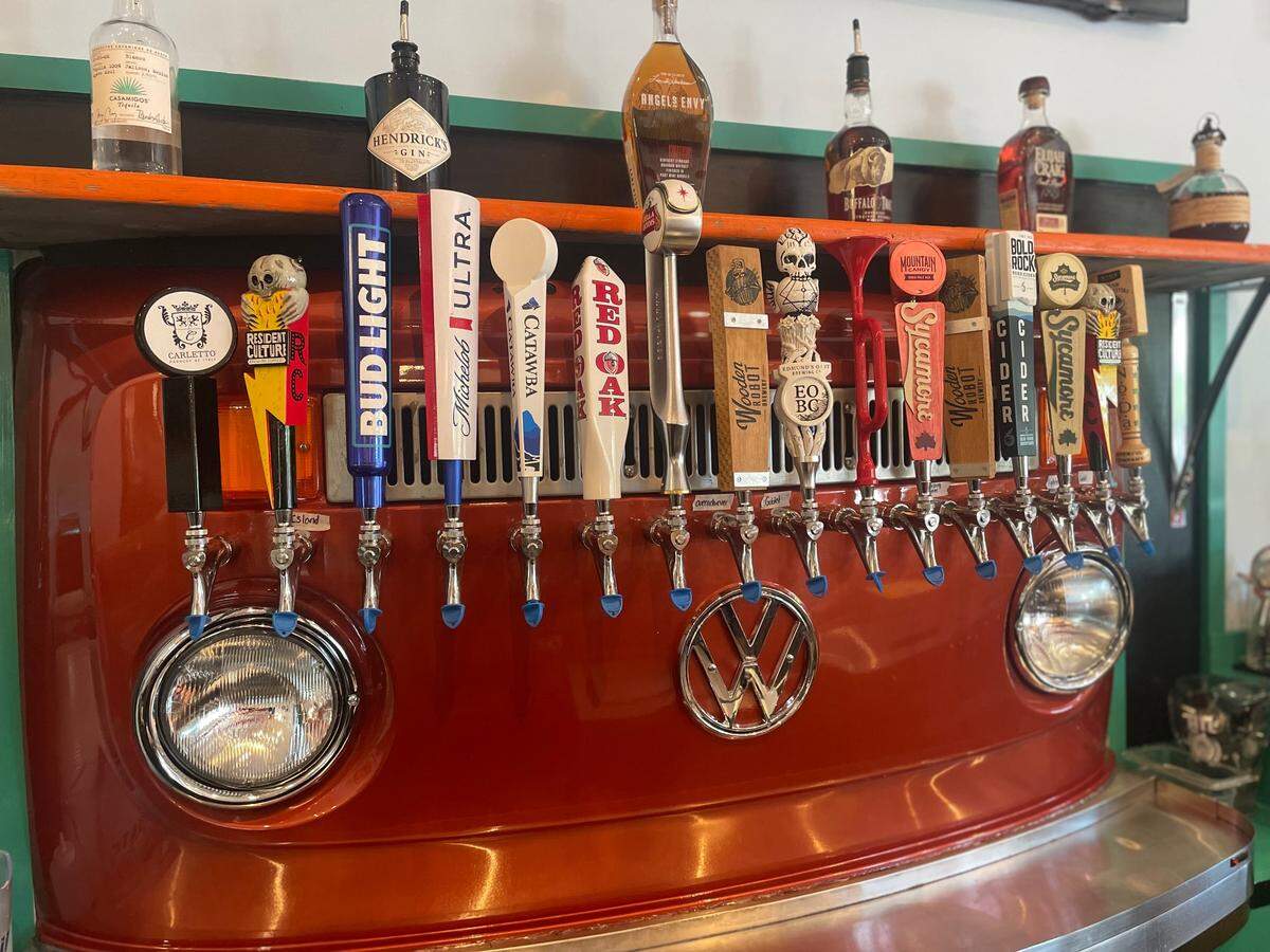 The tap system at Pita Wheel in Belmont is hooked up to a fully restored front of a Volkswagen bus.