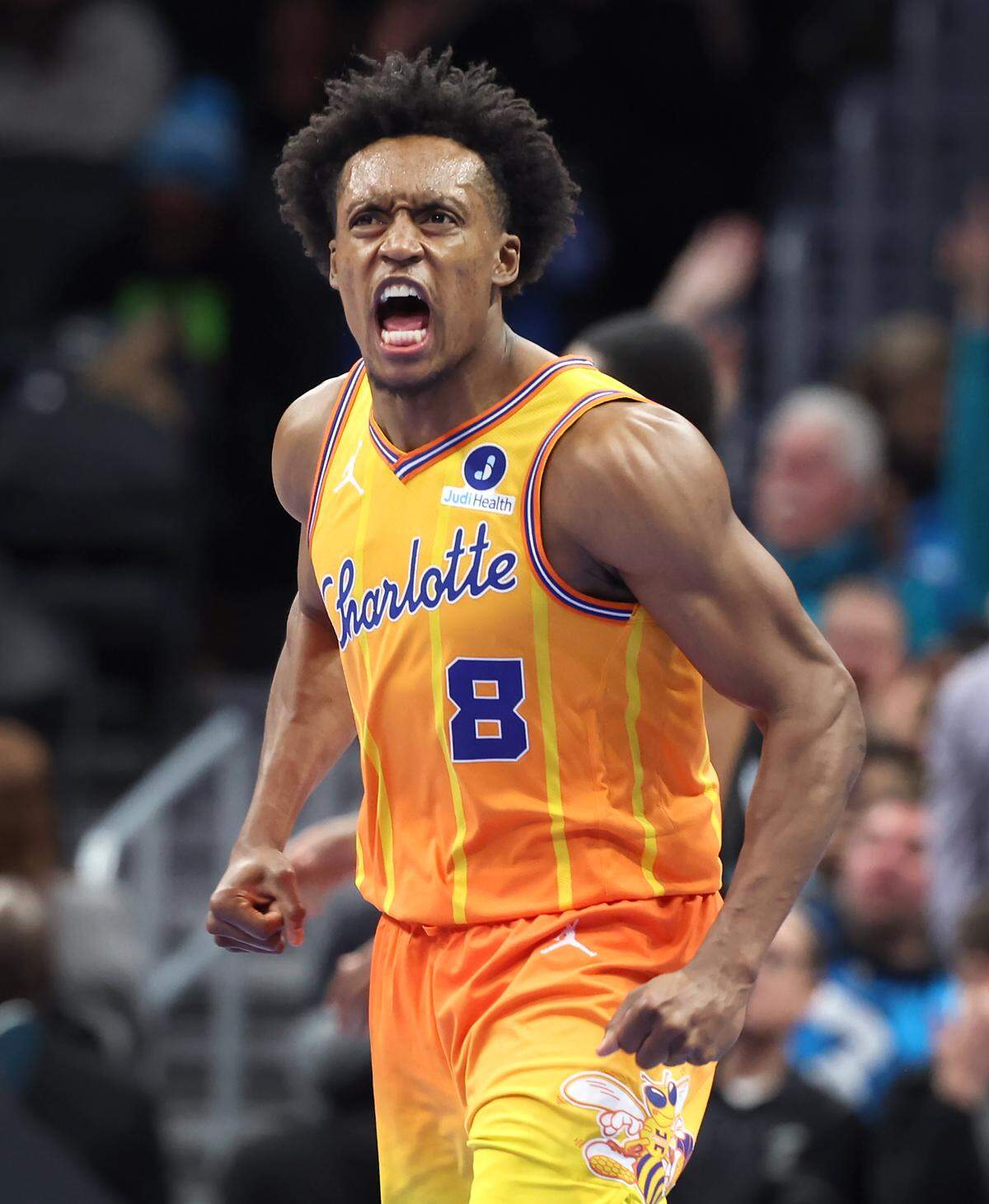 Charlotte Hornets guard Collin Sexton celebrates a basket during action against the San Antonio Spurs at Spectrum Center in Charlotte, North Carolina, on Saturday, Jan. 31, 2026. The Hornets defeated the Spurs 111-106.