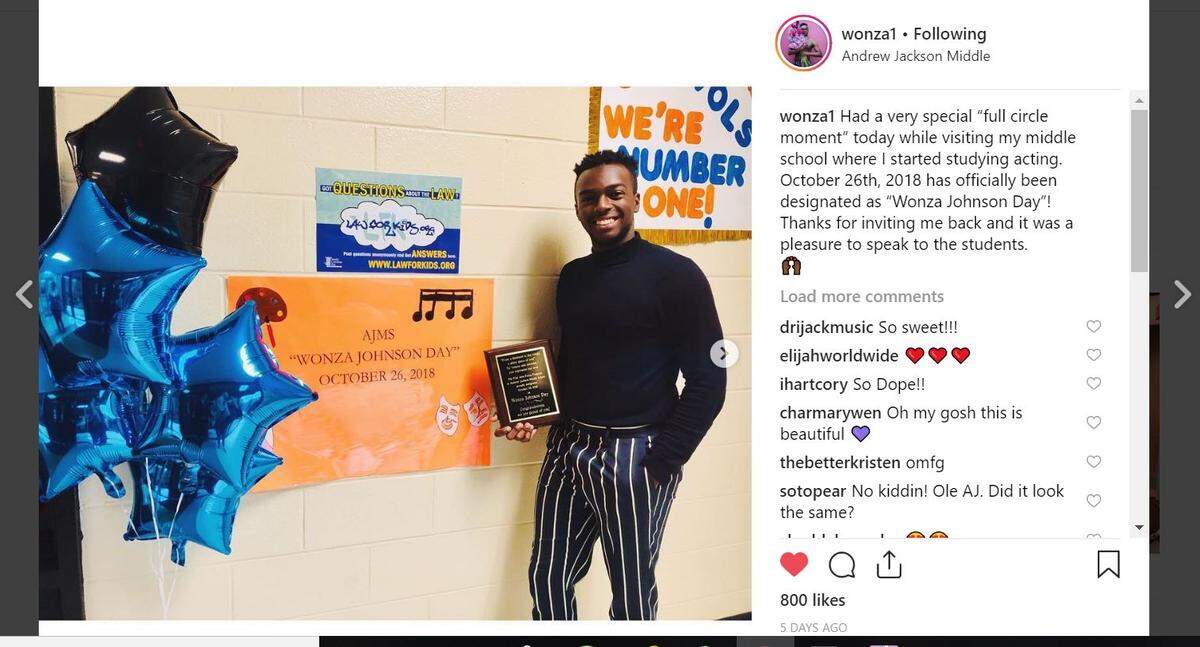 A big day for “Hamilton” cast member Wonza Johnson at his old middle school in South Carolina.