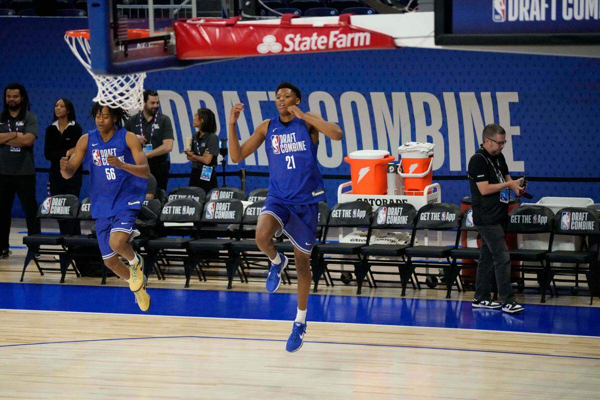 May 13, 2025; Chicago, Il, USA; Ace Bailey (21) and Tre Johnson (56) participate in the 2025 NBA Draft Combine at Wintrust Arena. Mandatory Credit: David Banks-Imagn Images