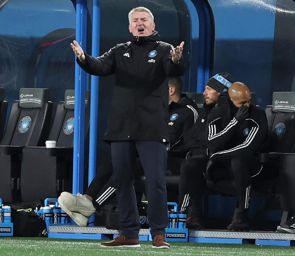 Charlotte FC head coach Dean Smith reacts to a call during action against New York City FC during Tuesday’s MLS playoff match in Charlotte. 