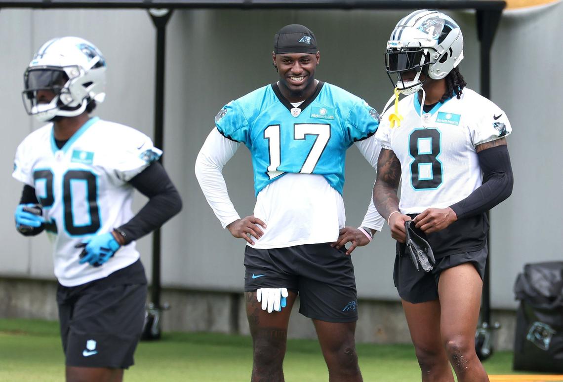 Carolina Panthers wide receiver Xavier Legette (17) impressed , cornerback Jaycee Horn (8) with his strength in a drill Wednesday.