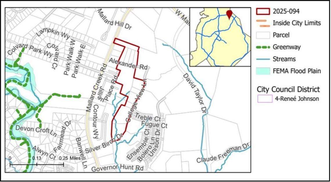 A map of the proposed Ashemore Townhomes, a 195-unit complex near Mallard Creek Road.