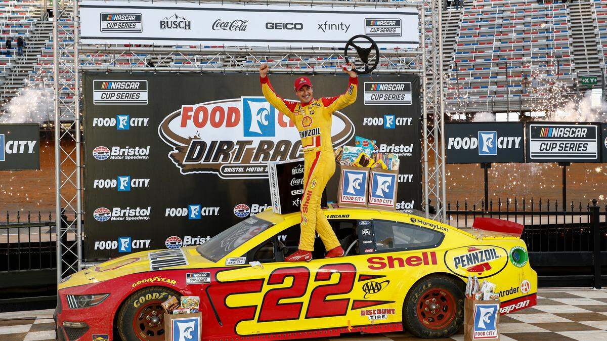 Joey Logano celebrates after winning a NASCAR Cup Series auto race, Monday, March 29, 2021, in Bristol, Tenn.