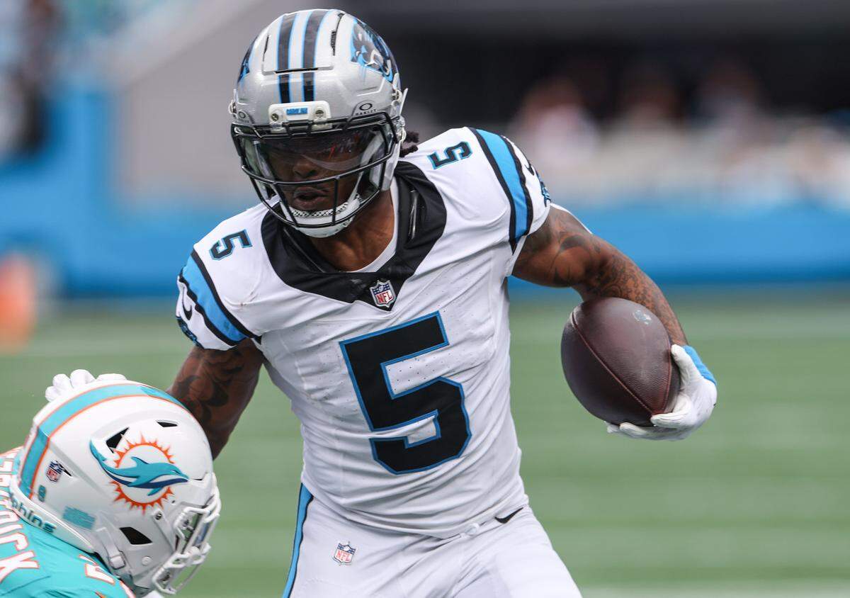 Panthers runningback Rico Dowdle runs the ball during the game against the Dolphins at Bank of America Stadium in Charlotte, NC on Sunday, October 5, 2025
