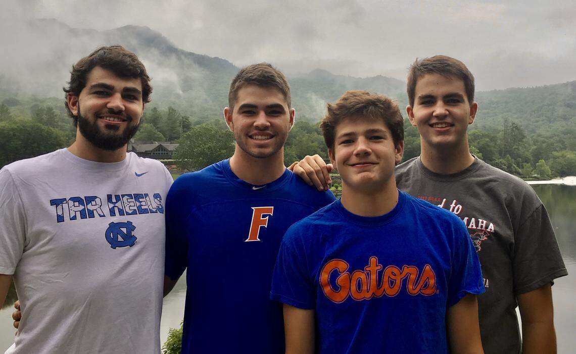 The Maye brothers in 2017. Drake Maye, then age 14, is in the front of the picture. His three brothers tower over him from left to right, in the back: Luke, Cole and Beau. Luke won a national title in basketball at UNC in 2017, while Cole was part of a baseball team at the University of Florida that also won a national title. Beau Maye is now the basketball coach at Hough High in Cornelius, N.C.