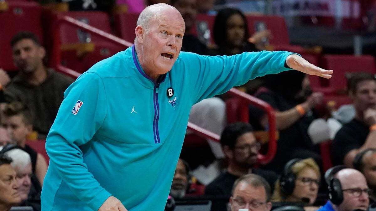 Charlotte Hornets head coach Steve Clifford gestures during the first half of an NBA basketball game against the Miami Heat,,Saturday, Nov. 12, 2022, in Miami. (AP Photo/Marta Lavandier)
