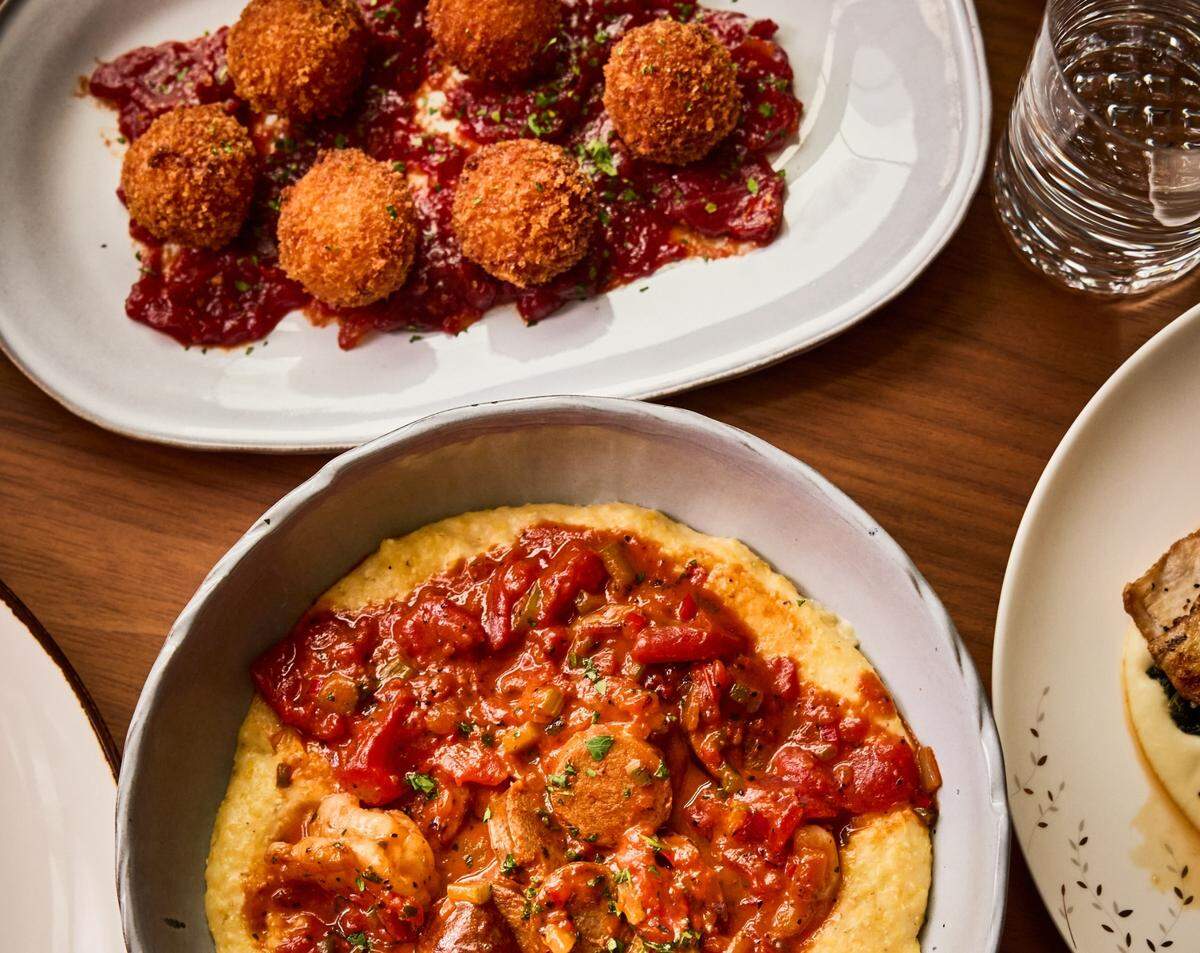 Hushpuppies and shrimp and grits at Dogwood Southern Table and Bar.