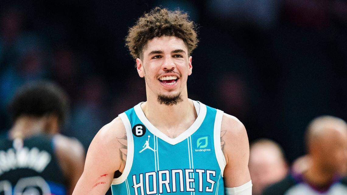 Charlotte Hornets guard LaMelo Ball (1) reacts during the first half of an NBA basketball game against the Detroit Pistons in Charlotte, N.C., Monday, Feb. 27, 2023. (AP Photo/Jacob Kupferman)