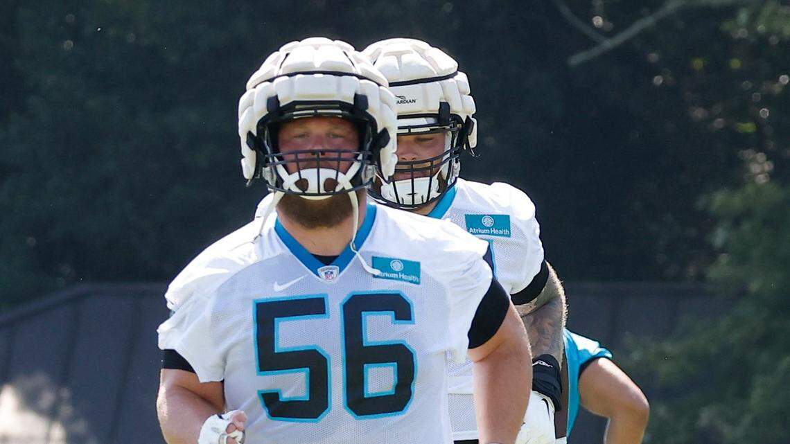 Carolina Panthers Bradley Bozeman (56) runs a drill during the teams training camp practice at Wofford College in Spartanburg, S.C., Thursday, July 28, 2022.