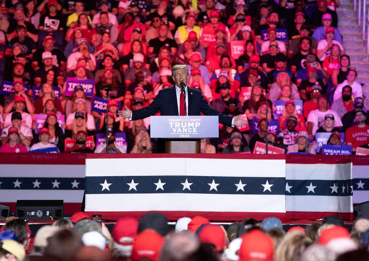 Former President and Republican presidential candidate Donald Trump speaks during a campaign rally at First Horizon Coliseum in Greensboro, N.C. on Saturday, Nov. 2, 2024.