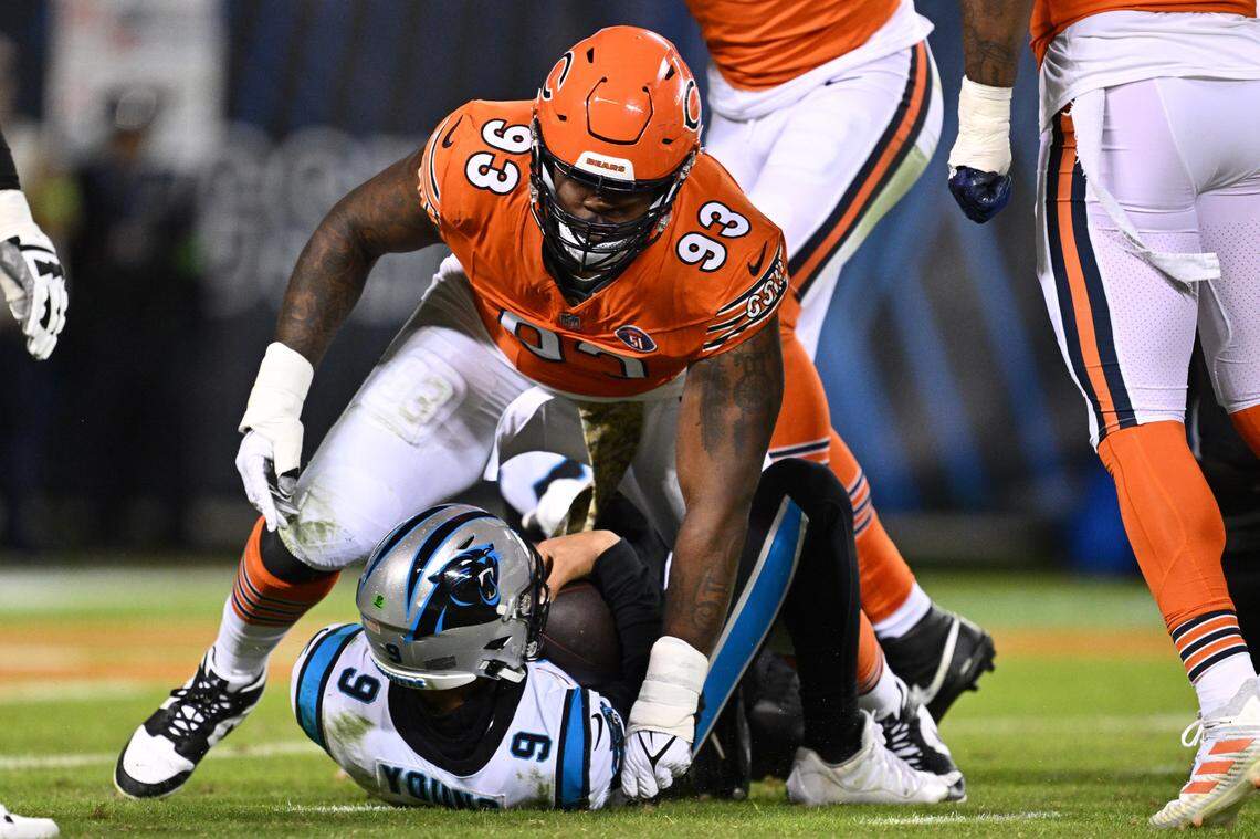 Chicago Bears defensive lineman Justin Jones (93) reacts after sacking Carolina Panthers quarterback Bryce Young (9) in the first half at Soldier Field. Chicago sacked Young three times and edged Carolina 16-13, dropping the Panthers to 1-8.