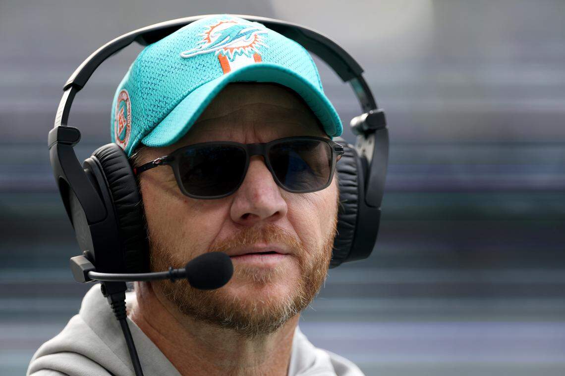Darrell Bevell, former quarterbacks coach and pass game coordinator of the Miami Dolphins, looks on during the second quarter against the Seattle Seahawks at Lumen Field in Sept. 2024, in Seattle.
