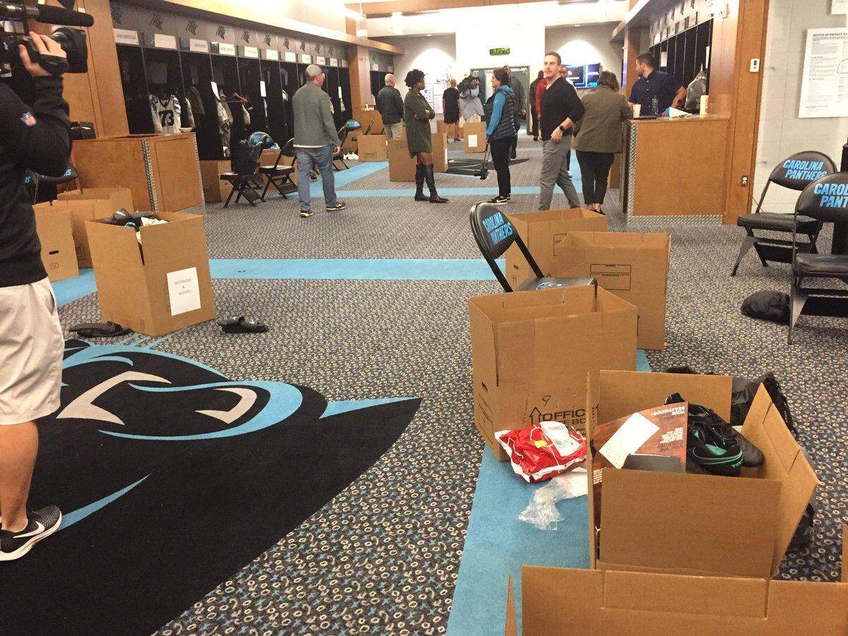 Boxes and goodbyes dominate the scene in the Carolina Panthers locker room on move-out day after a disappointing 7-9 season.