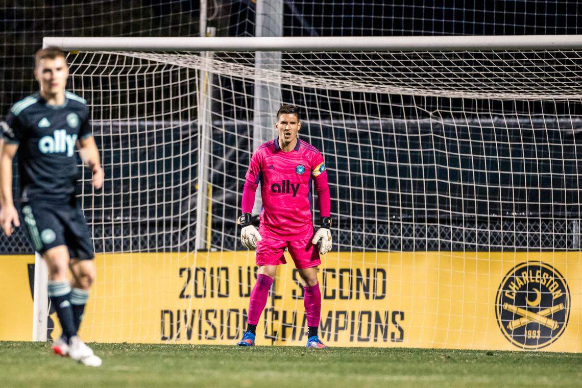 Croatian goalkeeper Kritijan Kahlina mans the net for Charlotte FC during the MLS expansion team’s Carolina Challenge Cup match in Charleston, South Carolina.