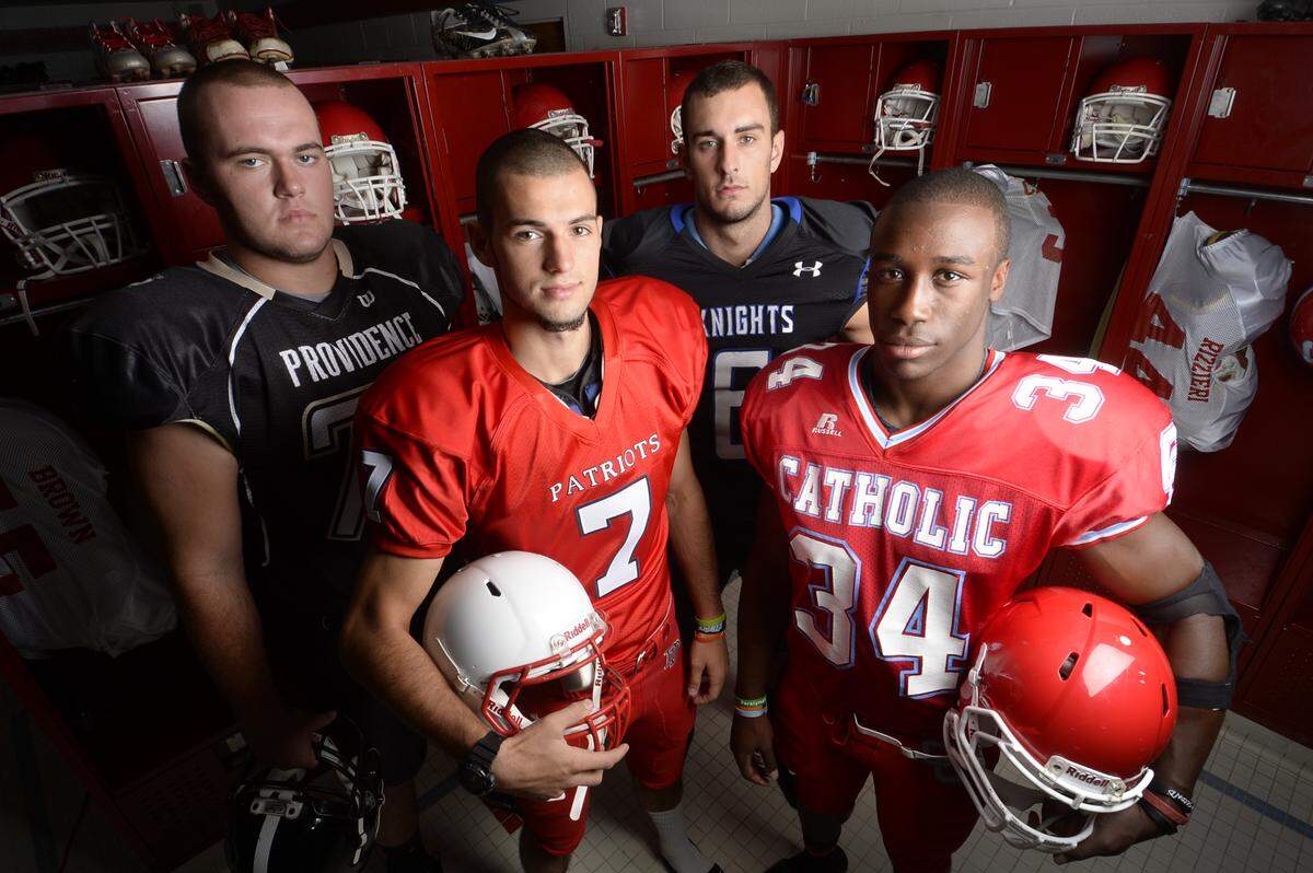 Bentley Spain of Providence, Will Grier of Davidson Day, Jeb Blazevich of Charlotte Christian and Elijah Hood of Charlotte Catholic. 