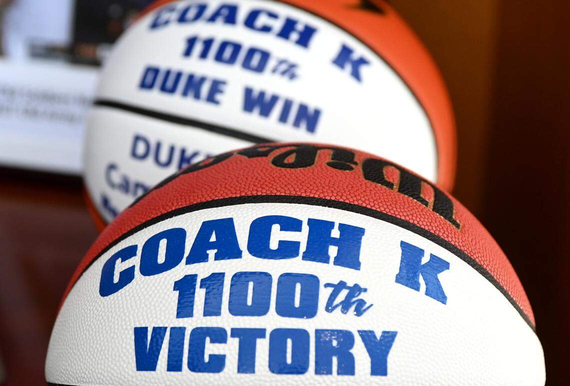 Former Duke University men’s head basketball coach Mike Krzyzewski’s office is a virtual museum to his and his player’s careers at the university. Krzyzewski has basketballs commemorating his coaching victories. Krzyzewski was the head men’s basketball coach at Duke University for 42 years. During his career as the Blue Devils coach he led the team to 13 Final Fours winning five national titles and 15 ACC tournament championships. Krzyzewski finished with 1,202 career wins.