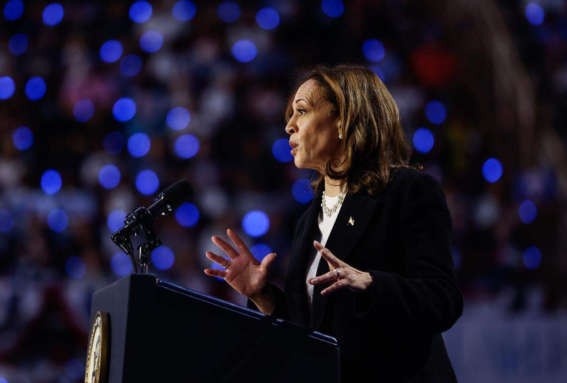 Vice President Kamala Harris speaks during a rally at the Bojangles Coliseum in Charlotte, NC on Thursday, September 12, 2024.