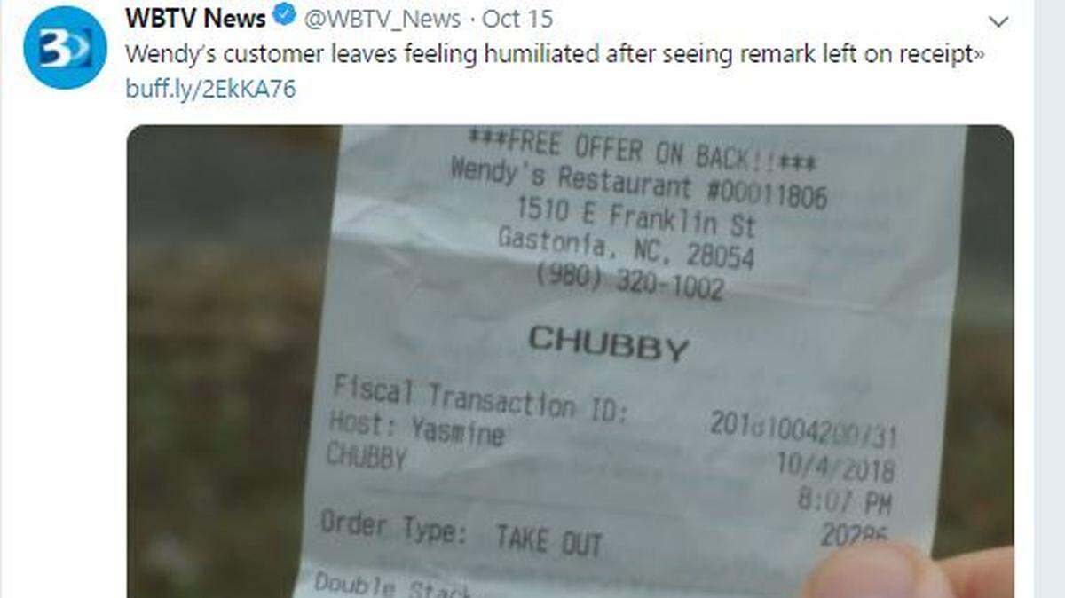 A customer at a Wendy’s restaurant in Gastonia, North Carolina, said he felt “embarrassed,” “humiliated” and “hurt” after his name was called out as “Chubby” and everyone in the restaurant laughed. A worker was fired, the restaurant owner said.