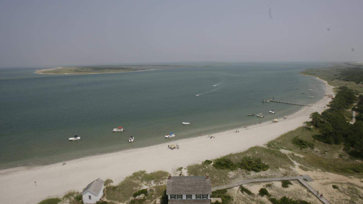 The view from the top of Cape Lookout Lighthouse shows the Shackleford Banks in the distance. No restrooms there for the time being.