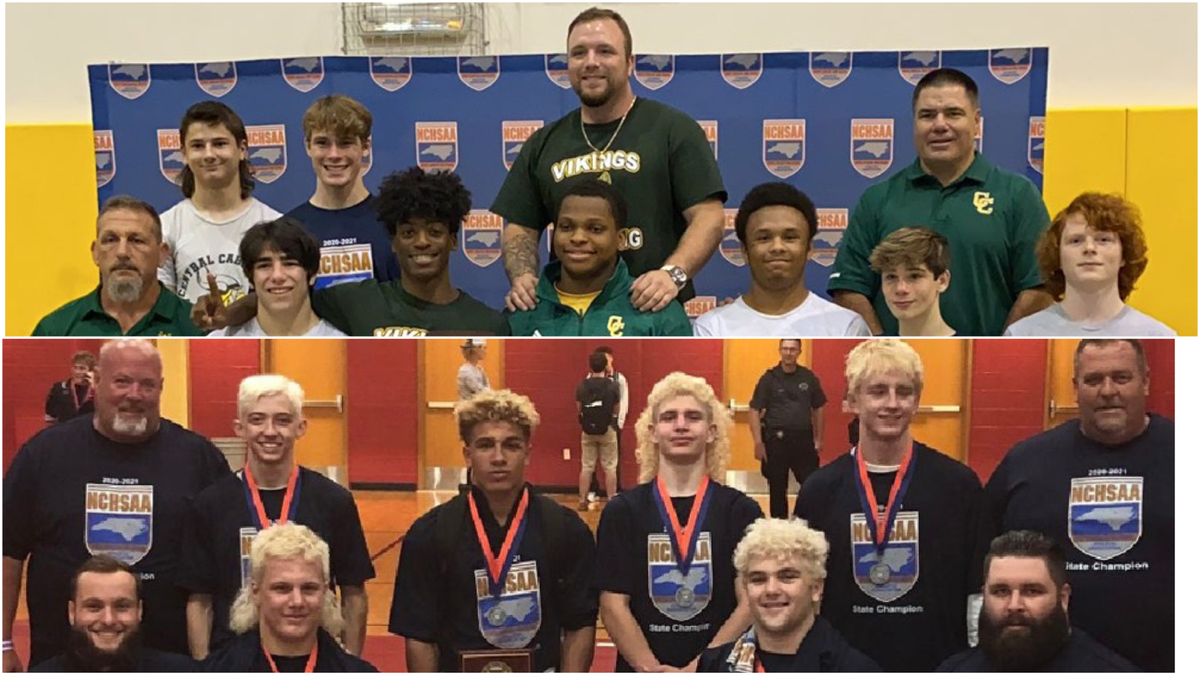 Central Cabarrus (top) and Mount Pleasant won NCHSAA state wrestling championships Saturday