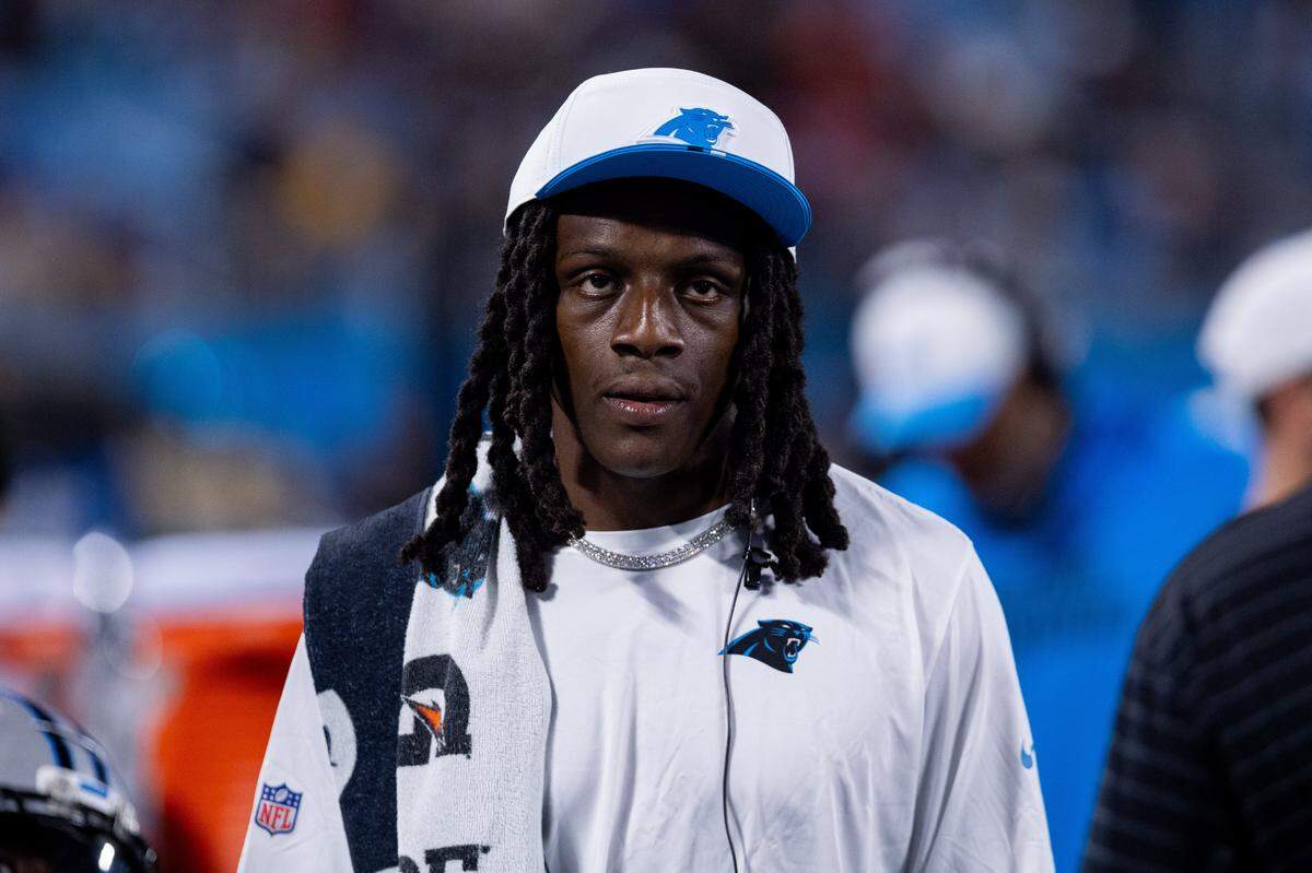 Carolina Panthers cornerback Jaycee Horn (8) walks the sideline during an Aug. 8, 2025, game against the Cleveland Browns at Bank of America Stadium. 