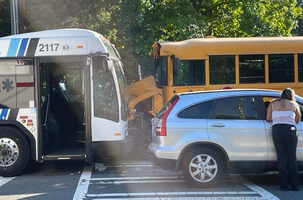 A Charlotte-Mecklenburg school bus and a CATS bus crashed head-on Wednesday, Sept. 21, 2022, on Randolph Road at Aylesford Road, near Wendover Road.