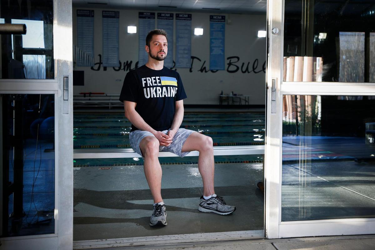 Wingate University swimmer Slava Ohnov, of Kropyvnytskyi, Ukraine, in the Cannon Athletic Complex at Wingate University. Many members of Ohnov’s family live in Kropyvnytskyi and he worries about their safety. Ohnov says when he swims, it temporarily takes his mind off of the war.