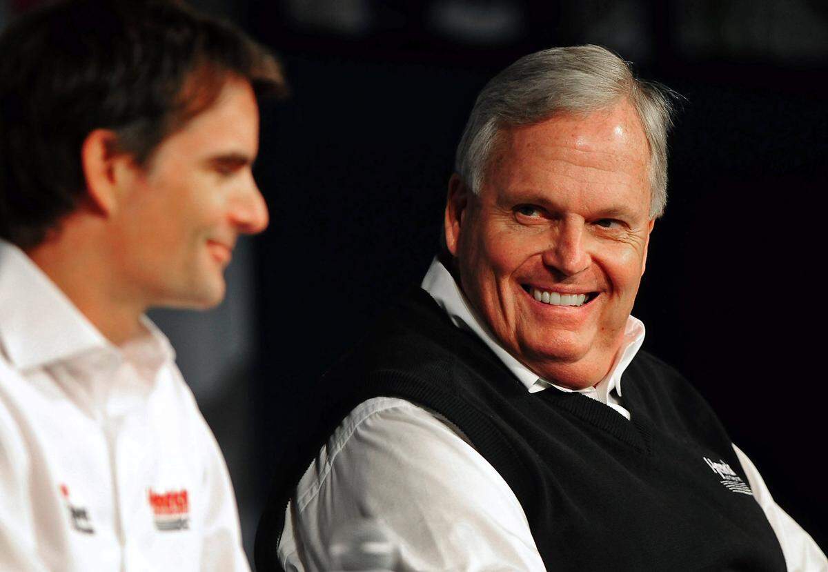 (Right-Left) NASCAR team owner Rick Hendrick smiles at driver Jeff Gordon during the NASCAR Media Tour’s stop at Hendrick Motorsports on Wednesday, January 25, 2012. Jeff Siner - jsiner@charlotteobserver.com