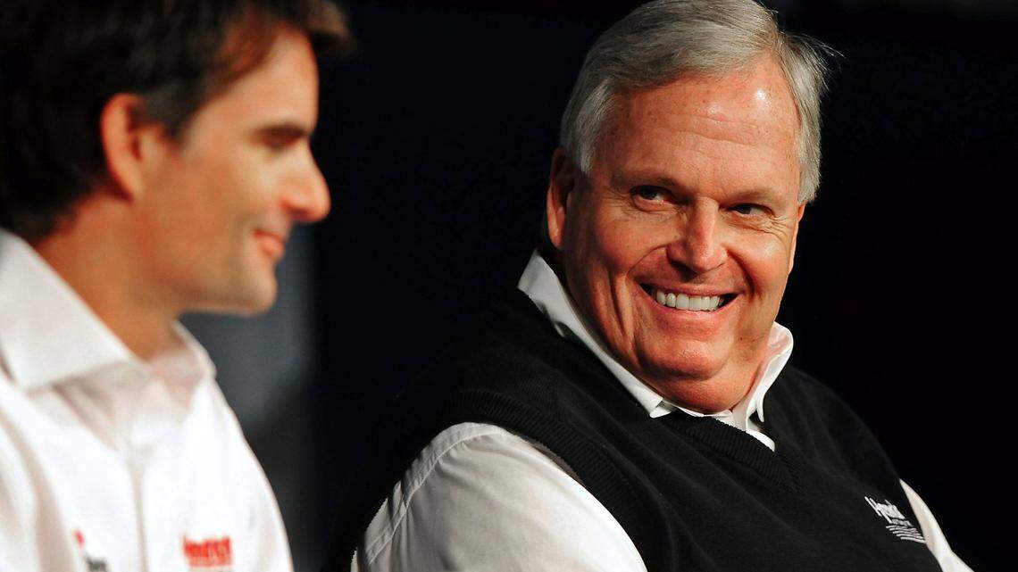(Right-Left) NASCAR team owner Rick Hendrick smiles at driver Jeff Gordon in 2012 during the NASCAR media tour. Gordon won four of Hendrick Motorsports’ 14 NASCAR Cup series championships.