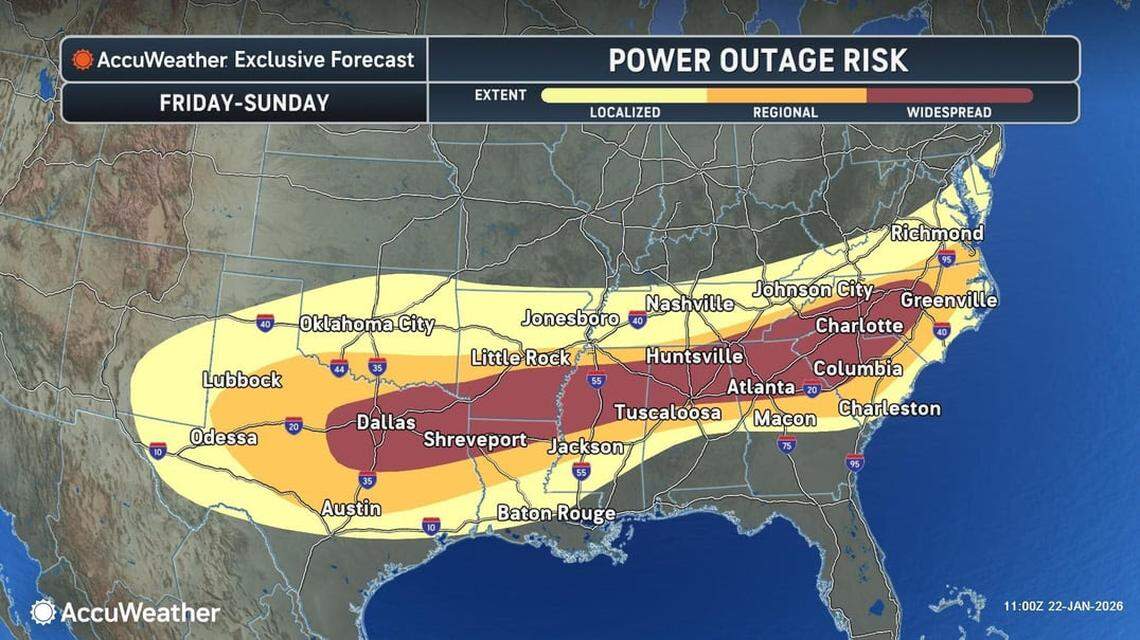 “A thick glaze of ice” is expected in the mid-Atlantic, coating trees and power lines and creating widespread outages and impassable roads, AccuWeather predicts.