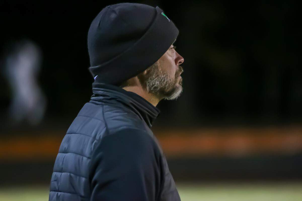 Myers Park head coach Bucky McCarley watches closely from the sideline during Monday’s third round playoff win over Ardrey Kell on November 10, 2025