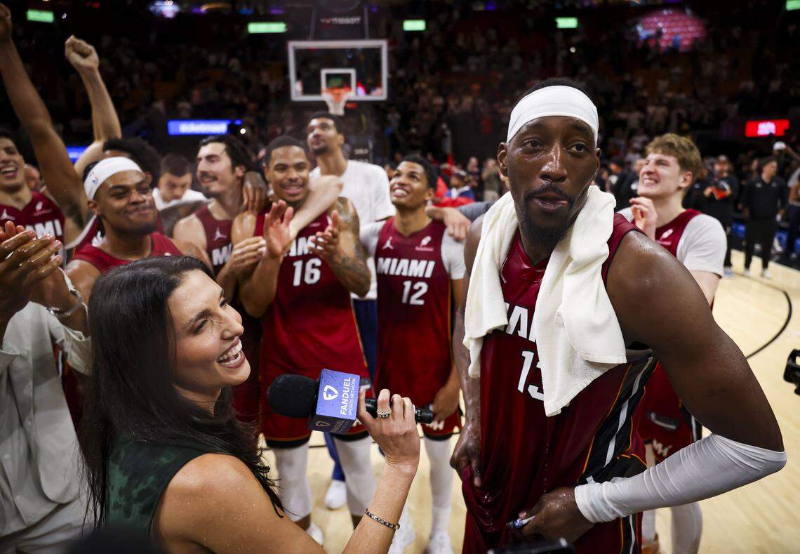 Miami Heat center Bam Adebayo (13) is interviewed after he scored 83 points against the Washington Wizards, marking the second-highest single-game point total in NBA history, on Tuesday, March 10, 2026, at Kaseya Center in downtown Miami, Fla. The Miami Heat won 150-129.