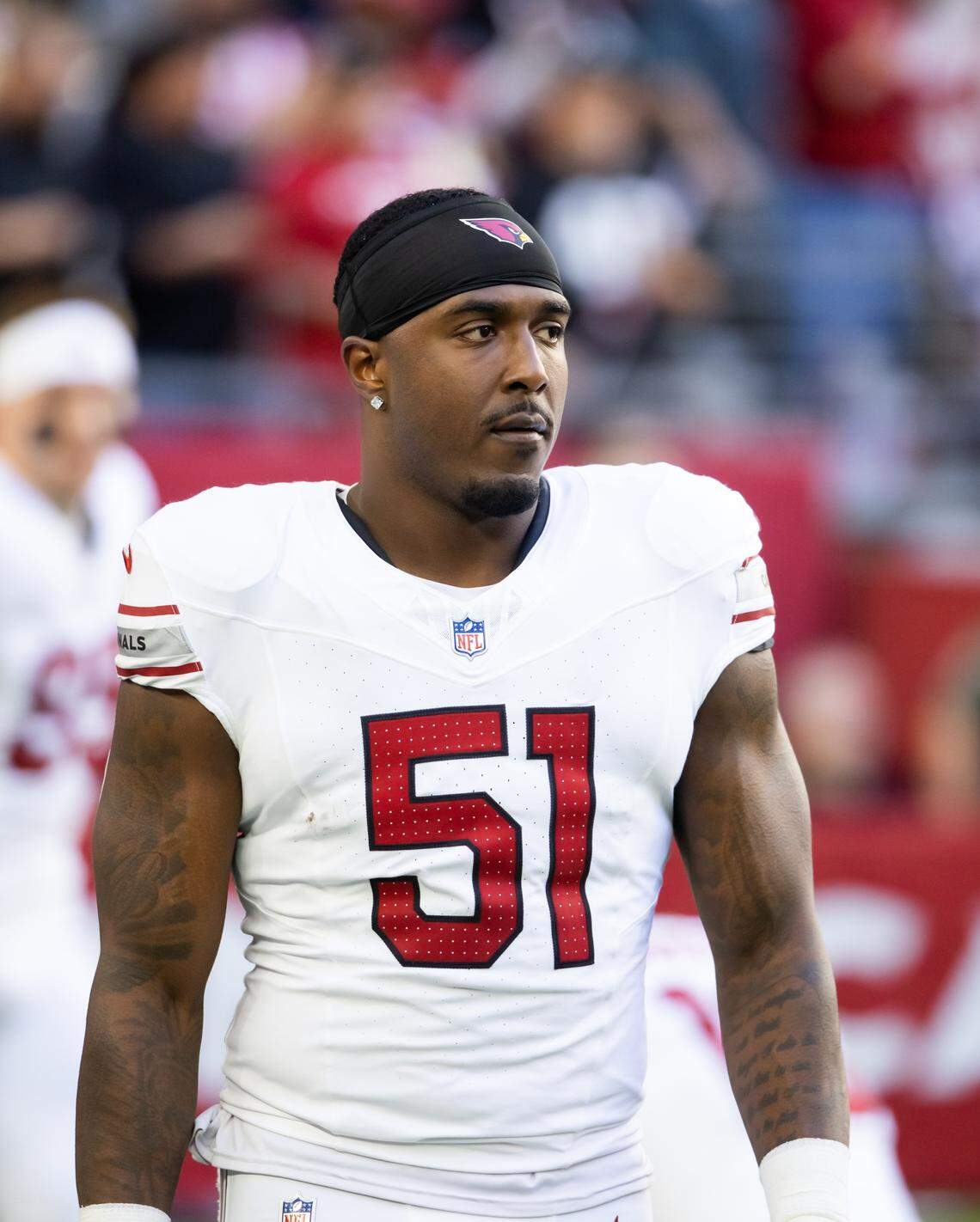 Dec 15, 2024; Glendale, Arizona, USA; Arizona Cardinals linebacker Krys Barnes (51) against the New England Patriots at State Farm Stadium. 