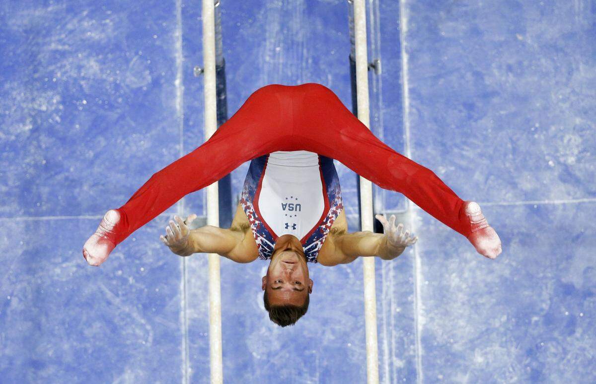 Sam Mikulak in a 2016 file photo taken during the men’s Olympic gymnastics trials in St. Louis.