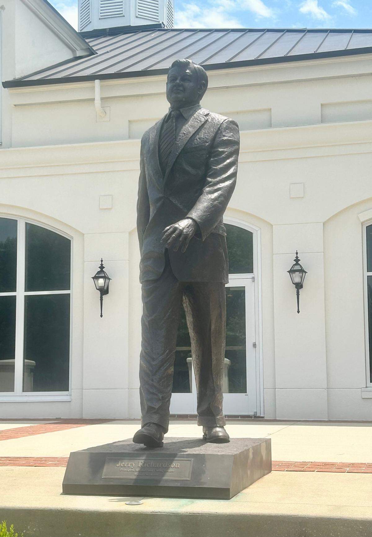 A statue of team owner and founder Jerry Richardson stands on a hill outside the football fields on the Wofford College campus on July 17, 2024. Richardson graduated from Wofford in 1959 and was responsible for bringing the Panthers’ training camp to his alma mater. Before his death in 2023, he had donated more than $260 million to the college.