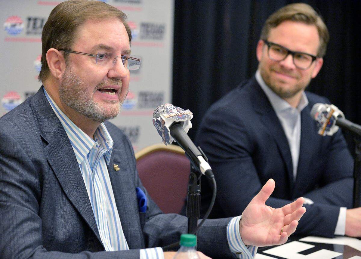 Eddie Gossage, President at Texas Motor Speedway, left, and Marcus Smith, Speedway Motorsports, Inc. President & CEO participating in the TMS Media Day at Texas Motor Speedway in Fort Worth, TX, Wednesday, Feb. 28, 2018.