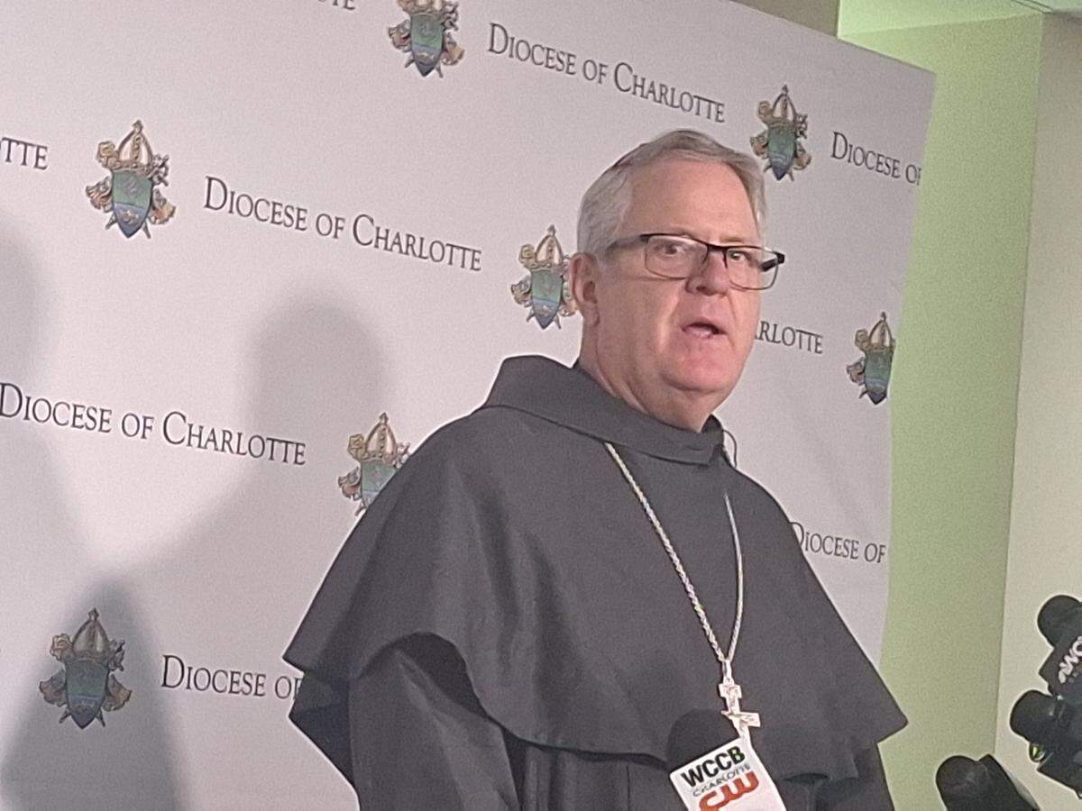 Charlotte Bishop Michael Martin addresses the media on Thursday, May 8, 2025, about the election of Cardinal Robert Francis Prevost as the next pope. The first pope from the U.S., Cardinal Prevost took the name Pope Leo XIV.