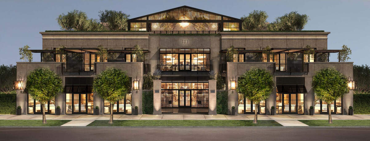 A rendering of the expanded Restoration Hardware space, which will include a design gallery and rooftop restaurant.