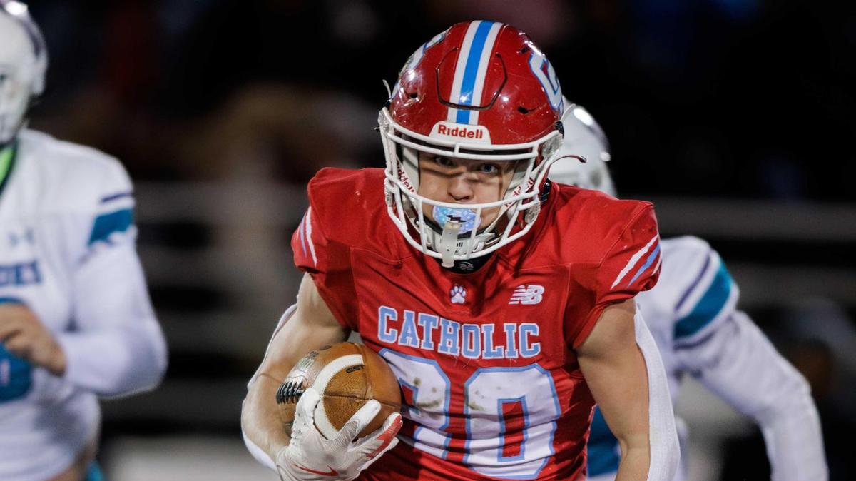 Charlotte Catholic’s Nick Bierman (80) would take the punt return for a touchdown. Charlotte Catholic would host Palisades in the 2nd round of the football playoffs Friday November 22, 2024.